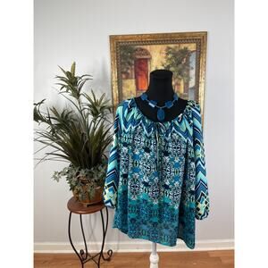 Women's Tunic Top Blue Abstract‎ Print V Neck Drawstring Whimsigoth Boho Chic